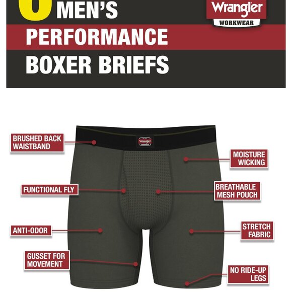 NWT Wrangler Workwear Men’s 6" Performance Boxer Briefs – 6-Pack Black/Grey - Picture 2 of 5